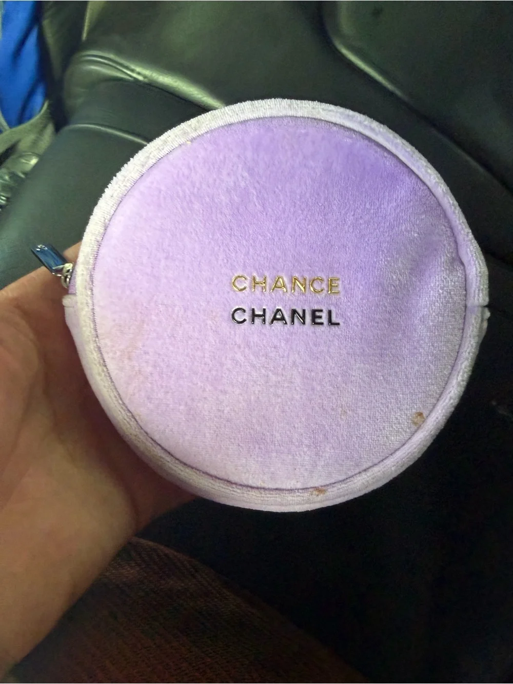 CHANEL Lavender Velvet Round Pouch with Gold and Black Logo